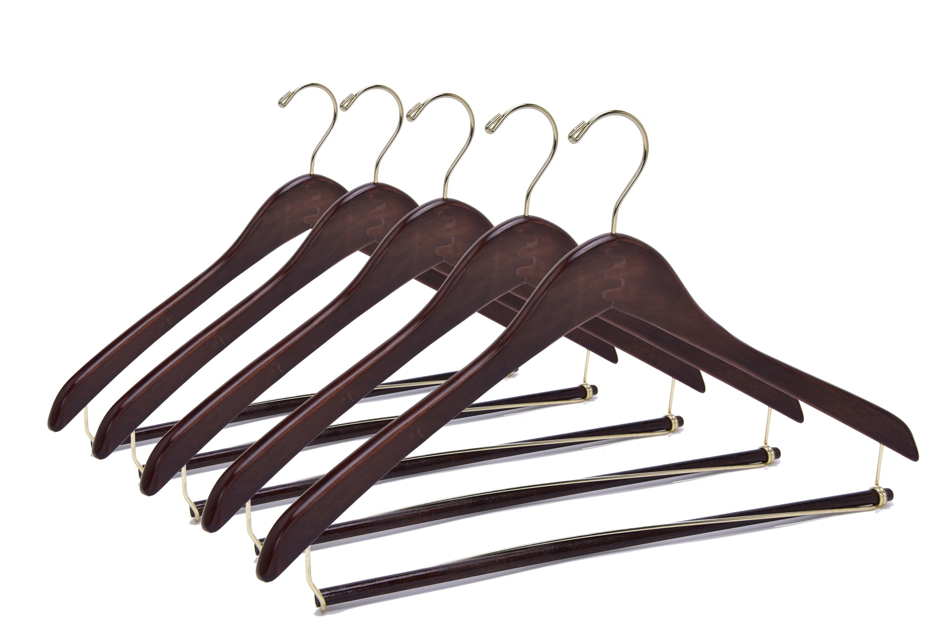 W014 - Curved Wooden Hanger 17" Locking bar Walnut-Gold -100