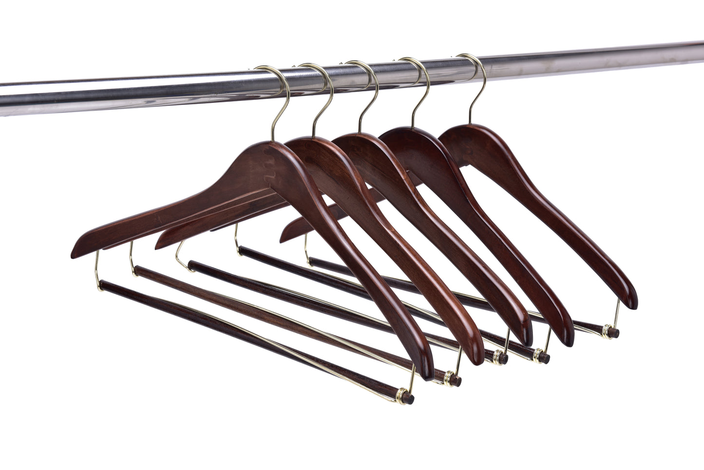 W014 - Curved Wooden Hanger 17" Locking bar Walnut-Gold -100