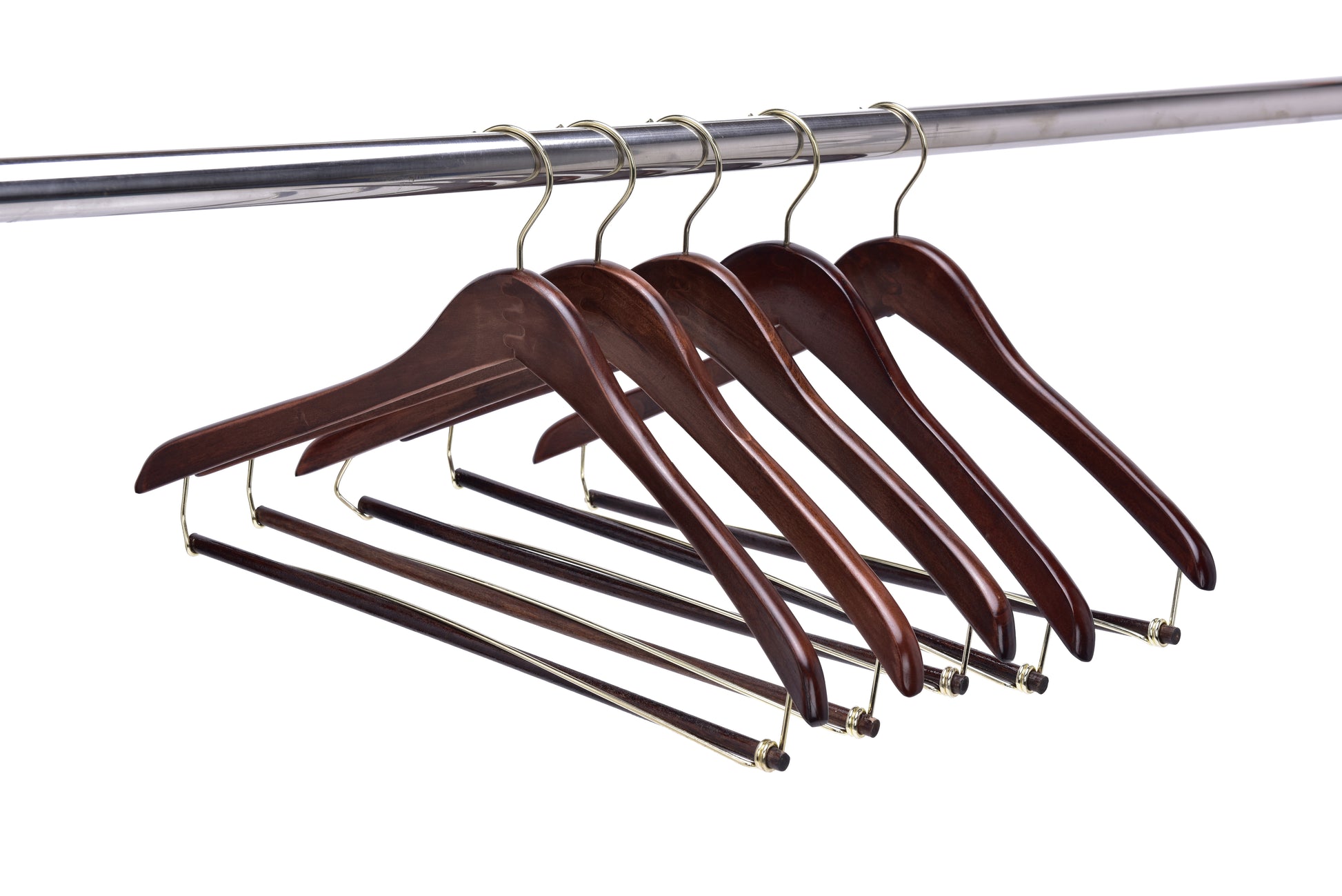 W014 - Curved Wooden Hanger 17" Locking bar Walnut-Gold -100