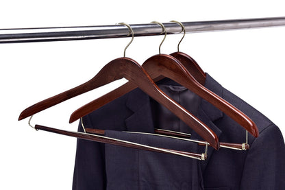 W014 - Curved Wooden Hanger 17" Locking bar Walnut-Gold -100