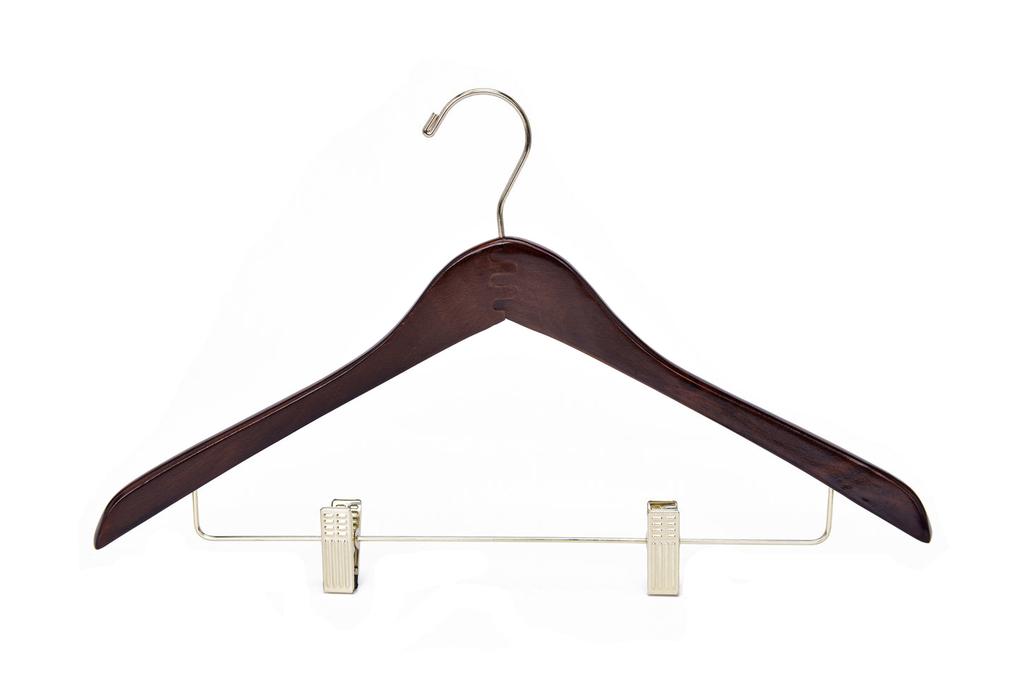 W016 - Curved Wooden Skirt Hanger 17" Walnut-Gold- 100 Hangers
