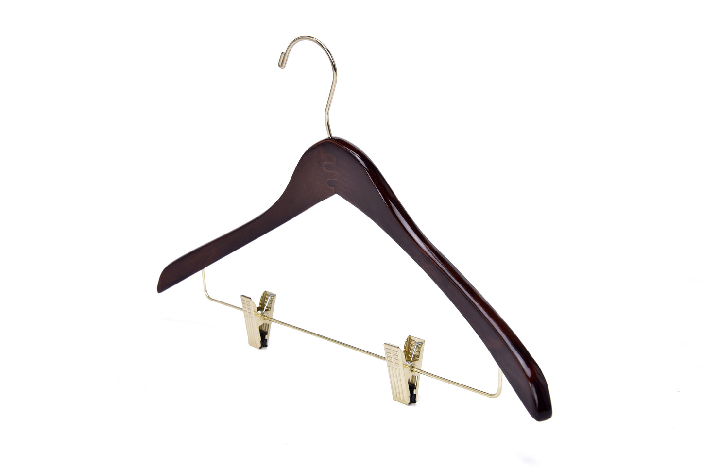 W016 - Curved Wooden Skirt Hanger 17" Walnut-Gold- 100 Hangers