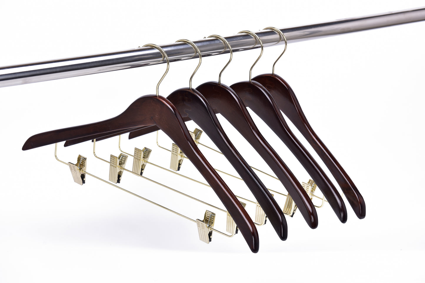 W016 - Curved Wooden Skirt Hanger 17" Walnut-Gold- 100 Hangers