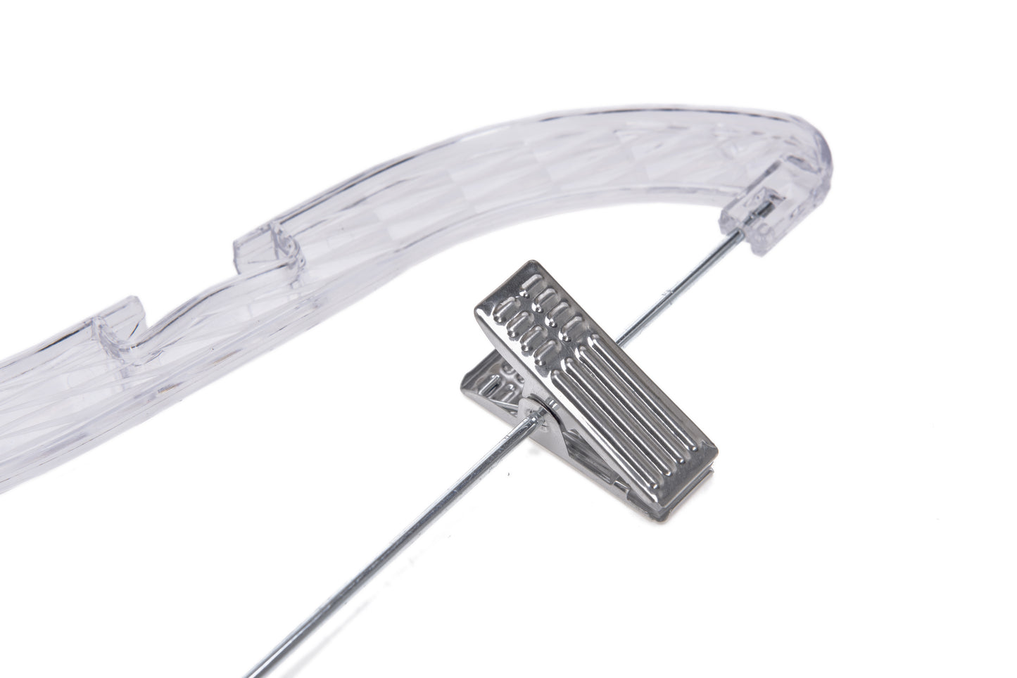 P021 - Crystal Plastic Skirt Hanger with Clips - 100 pcs (Retail Packed)