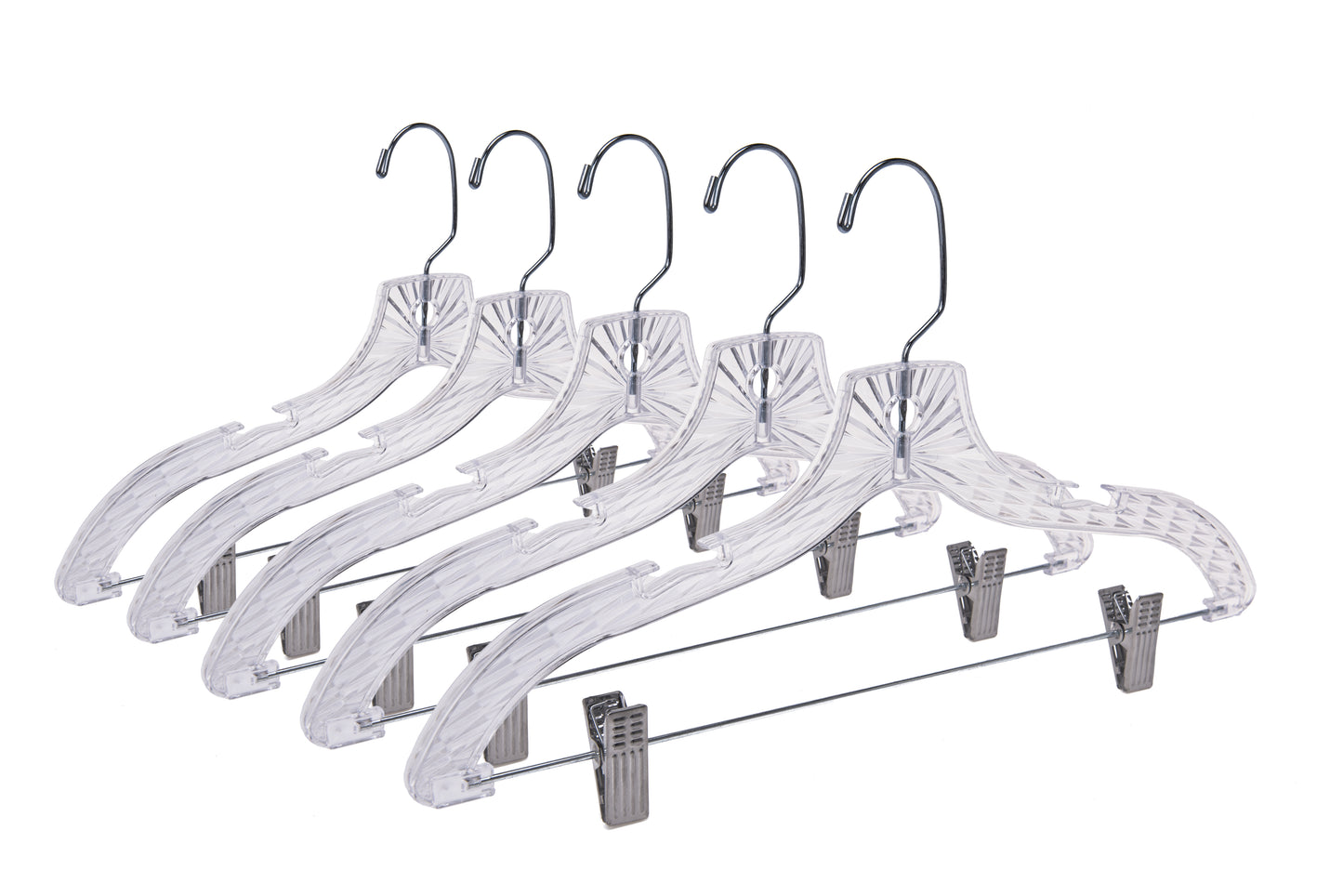 P021 - Crystal Plastic Skirt Hanger with Clips - 100 pcs (Retail Packed)