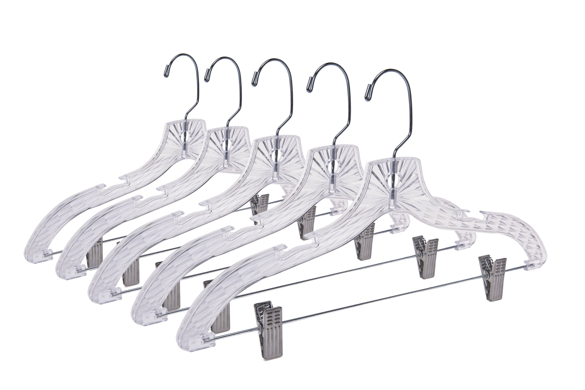 P021 - Crystal Plastic Skirt Hanger with Clips - 100 pcs (Retail Packed)
