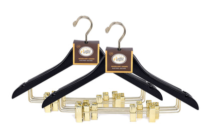 W072 - Semi Curved Wooden Skirt Hangers - Black with Gold Hook