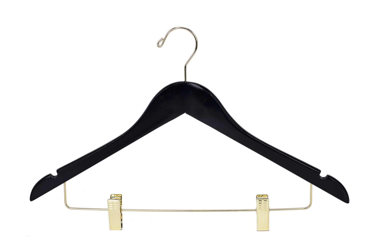 W072 - Semi Curved Wooden Skirt Hangers - Black with Gold Hook