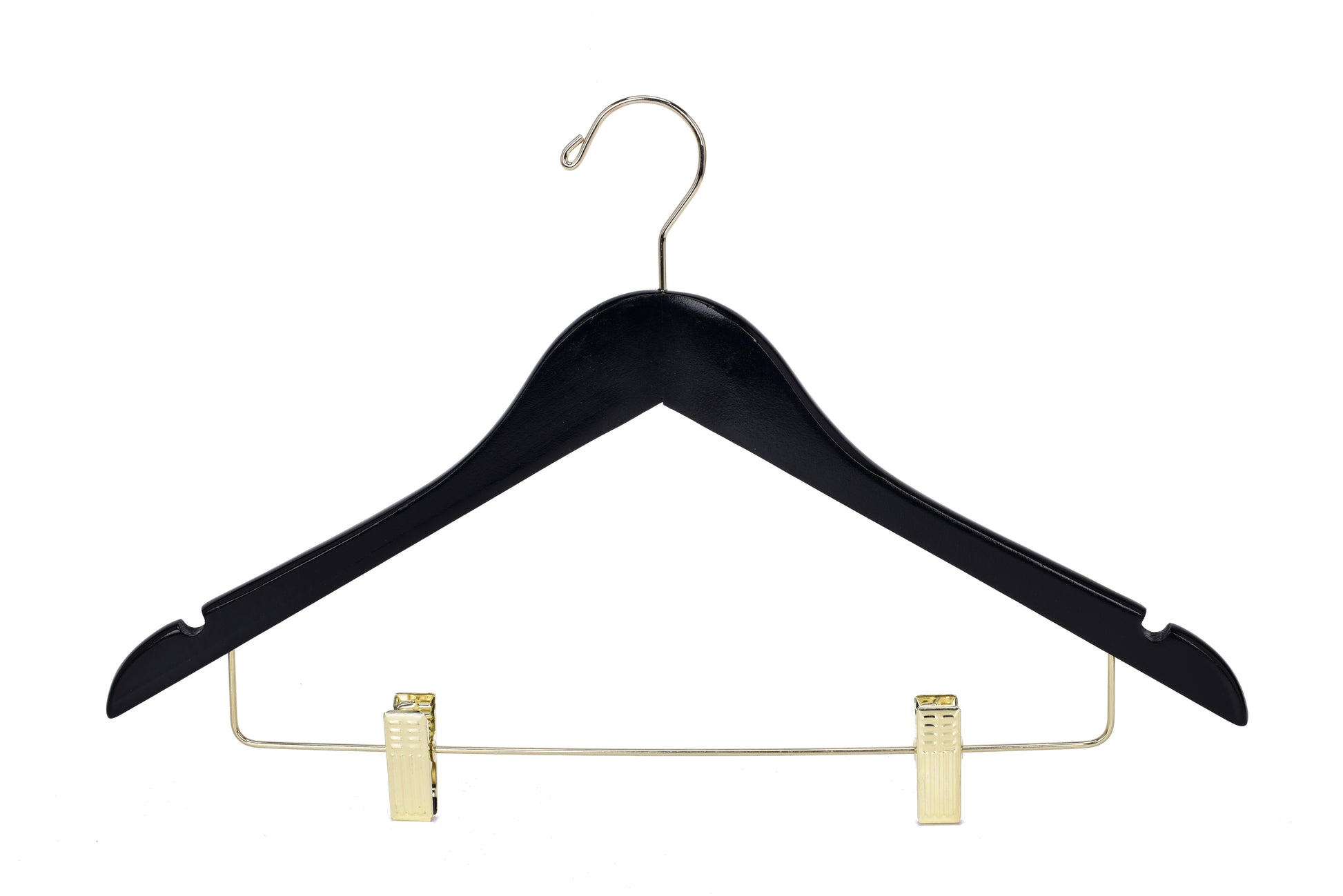 W072 - Semi Curved Wooden Skirt Hangers - Black with Gold Hook