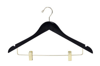 W072 - Semi Curved Wooden Skirt Hangers - Black with Gold Hook