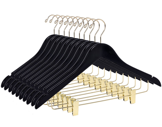 W072 - Semi Curved Wooden Skirt Hangers - Black with Gold Hook