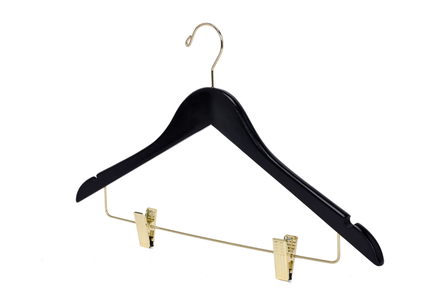 W072 - Semi Curved Wooden Skirt Hangers - Black with Gold Hook