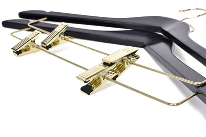 W072 - Semi Curved Wooden Skirt Hangers - Black with Gold Hook