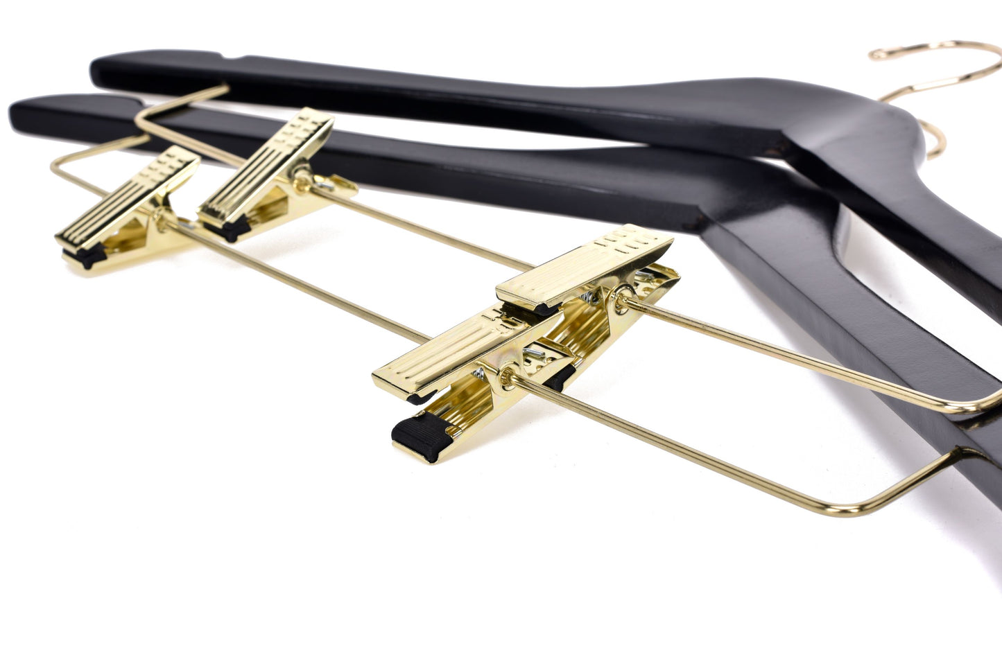 W072 - Semi Curved Wooden Skirt Hangers - Black with Gold Hook