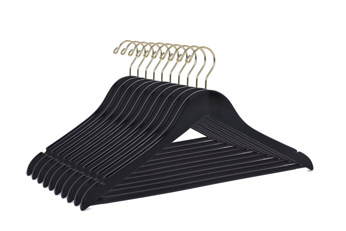 W070 - Semi Curved Wooden Hangers, 17.5" -Black/Gold Hook - 80
