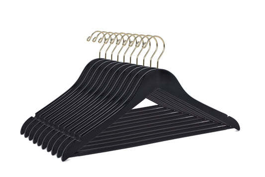 W070 - Semi Curved Wooden Hangers, 17.5" -Black/Gold Hook - 90