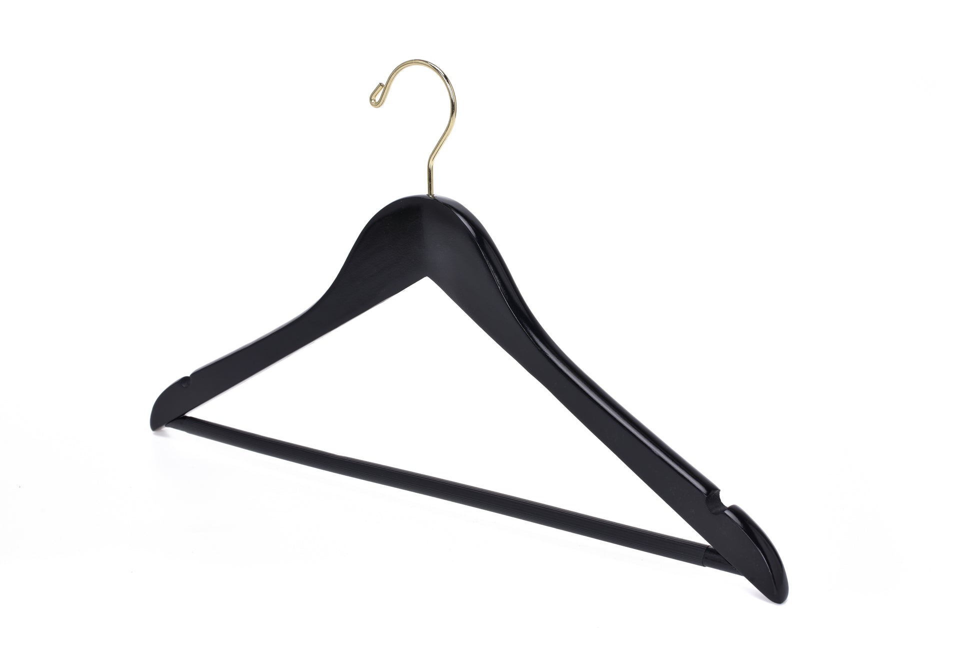 W070 - Semi Curved Wooden Hangers, 17.5" -Black/Gold Hook - 80