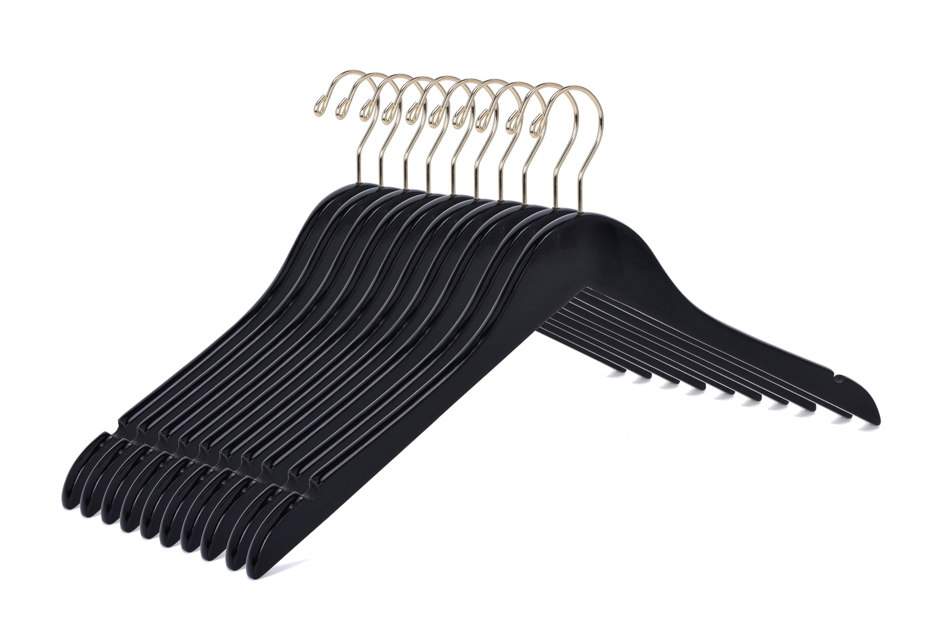 W071 - Semi Curved Wooden Hangers - Black with Gold Hook - 80