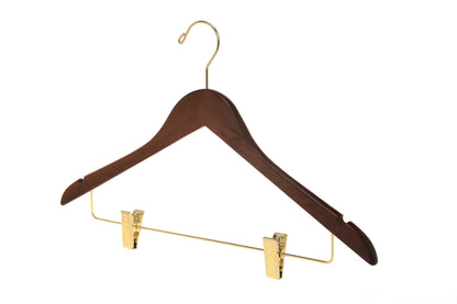 W012 - Wooden Skirt Hangers 17", Walnut with Gold hook - 80