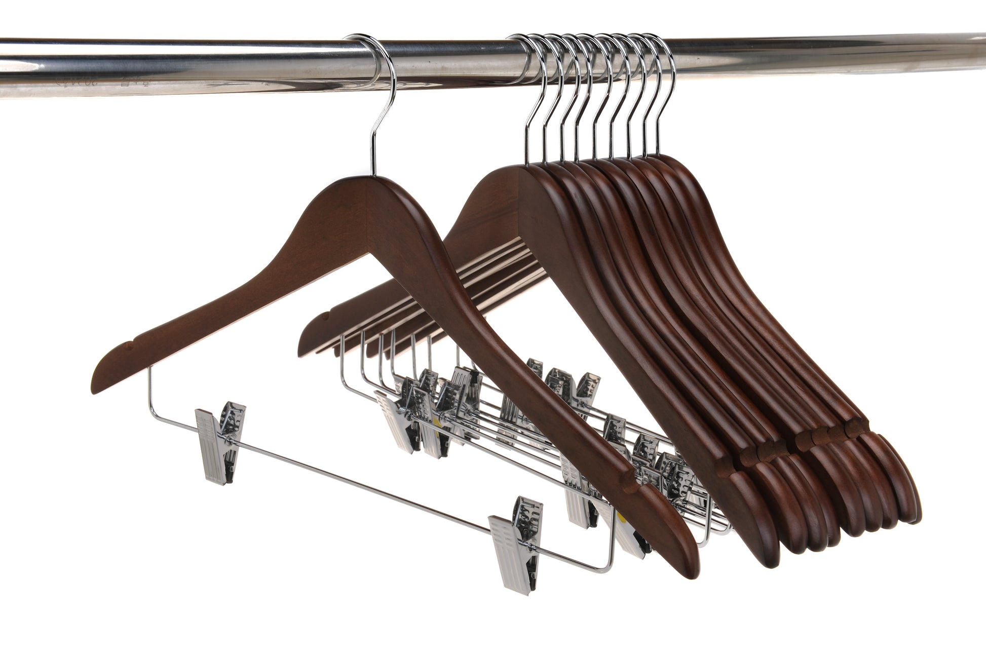 W022 - Wooden Skirt Hangers 17", Walnut with Chrome hook - 100