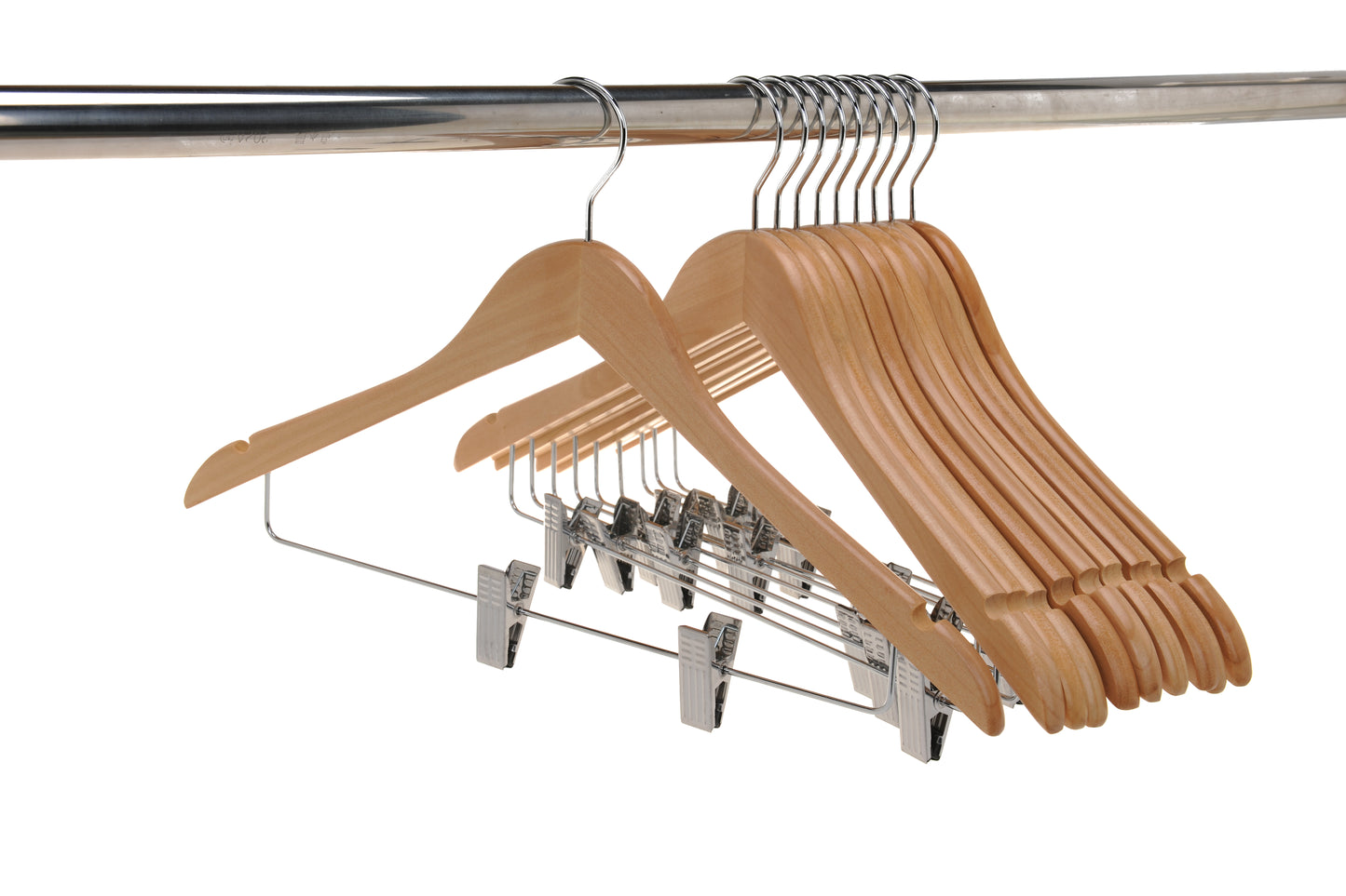W032 - Wooden Skirt Hangers 17", Natural with Chrome hook- 100