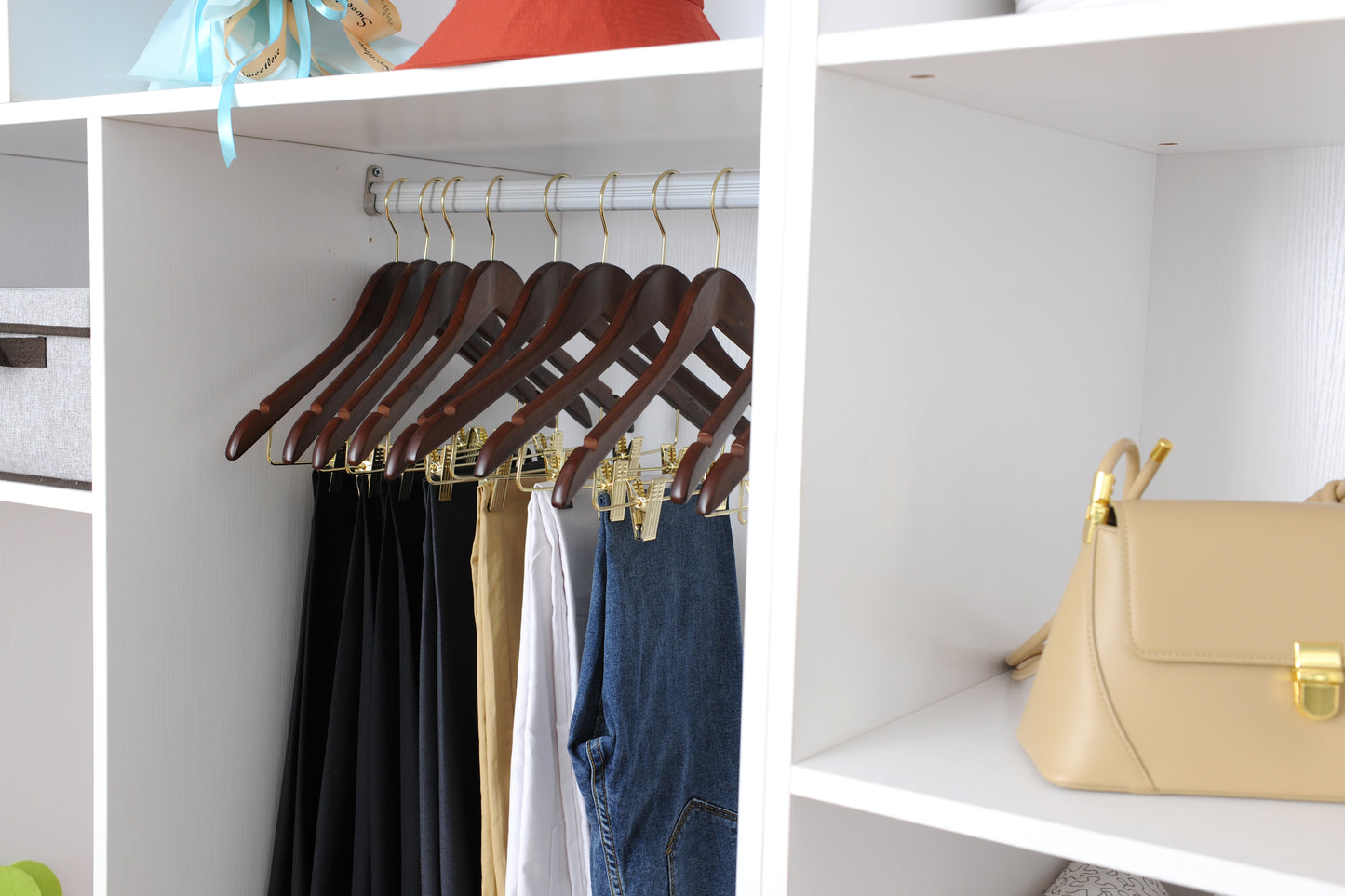 W012 - Wooden Skirt Hangers 17", Walnut with Gold hook - 5-PACK