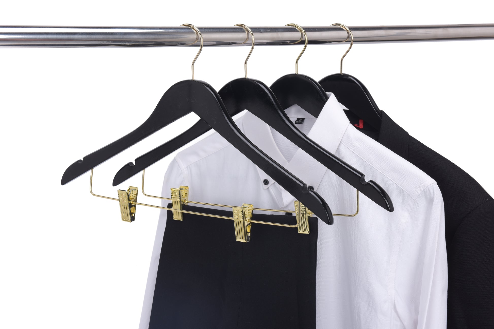 W072 - Semi Curved Wooden Skirt Hangers - Black with Gold Hook