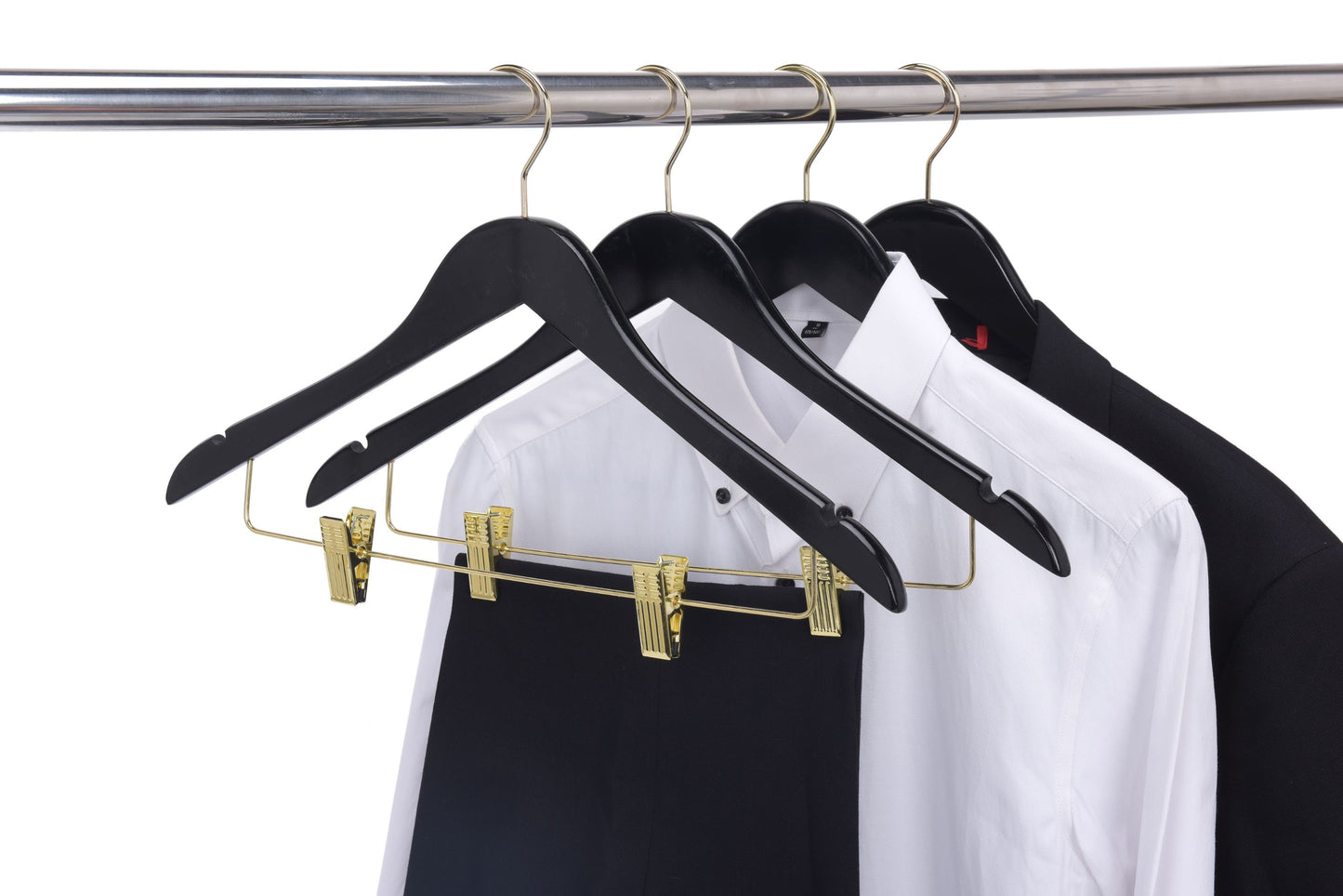 W072 - Semi Curved Wooden Skirt Hangers - Black with Gold Hook