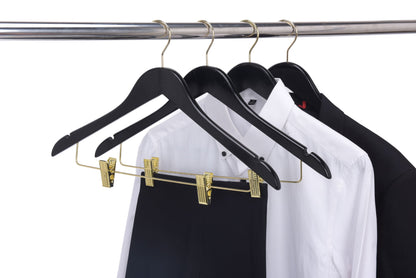W072 - Semi Curved Wooden Skirt Hangers - Black with Gold Hook