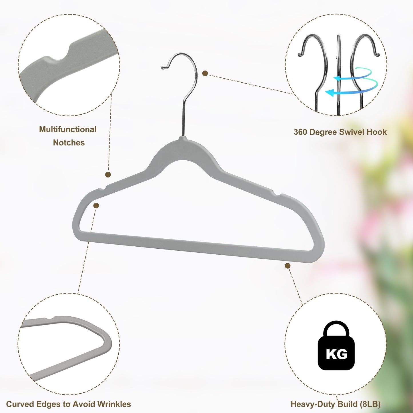 PL033 - Kids Plastic Hanger Swivel Hook, Chrome Hook, Gray