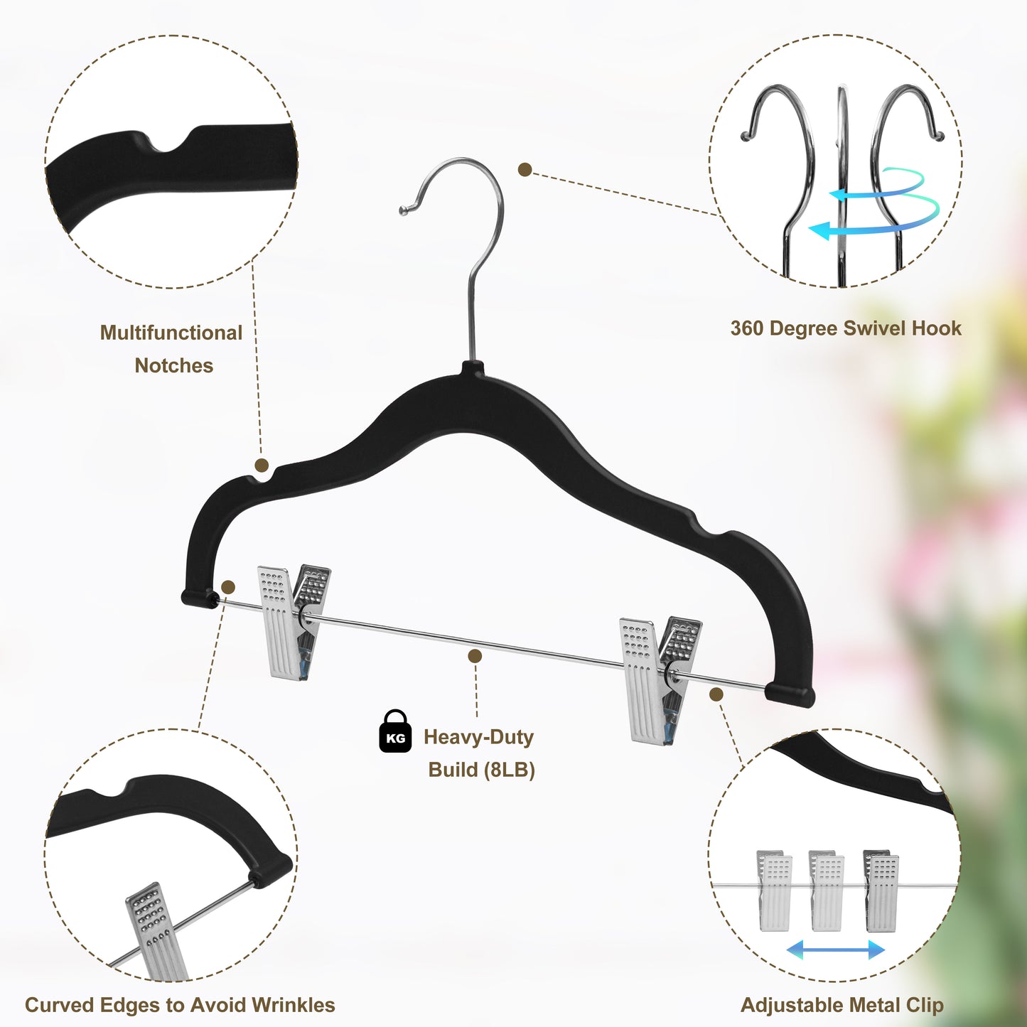 PL061 - 13.5" Kids Plastic Skirt Hangers with Clips - Black