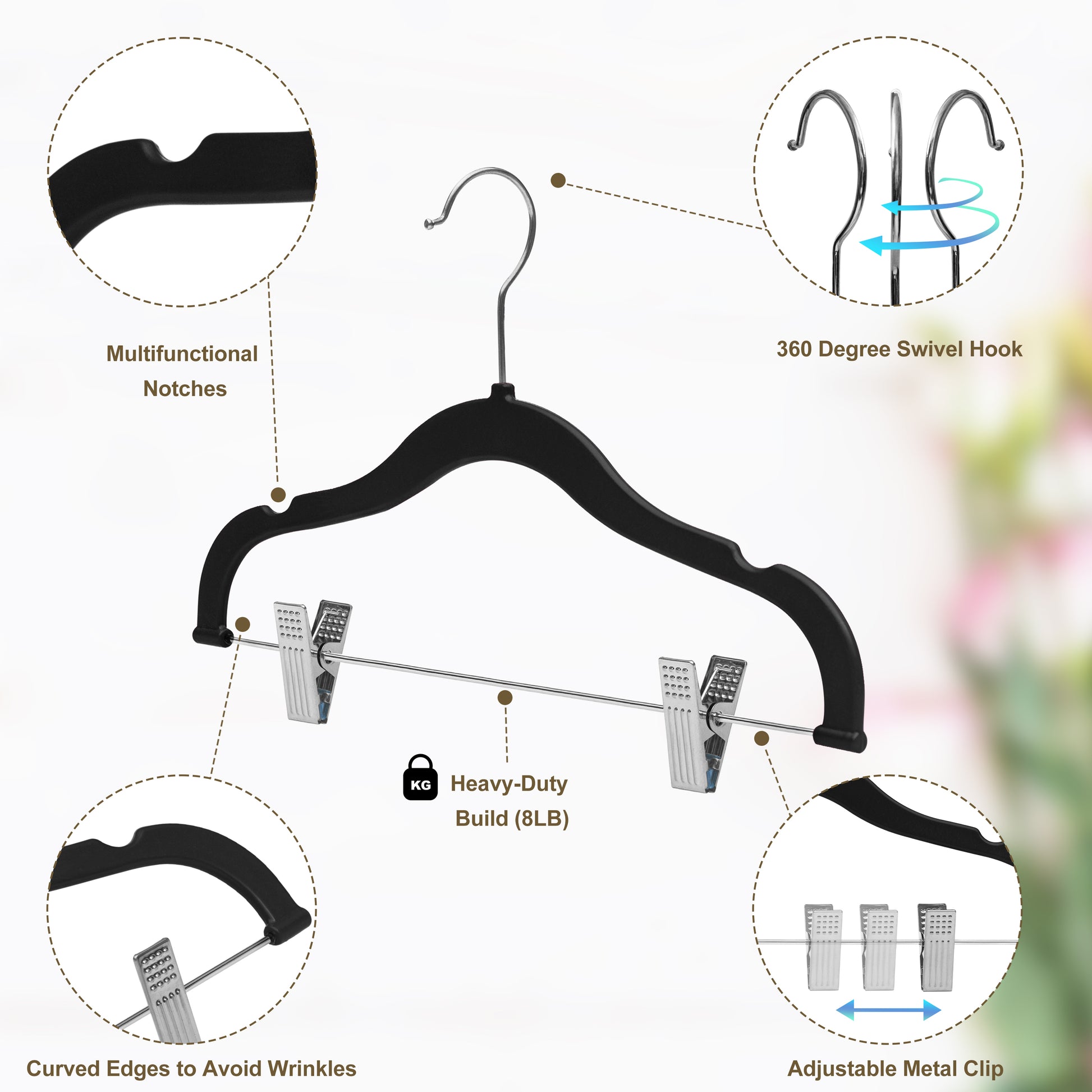 PL061 - 13.5" Kids Plastic Skirt Hangers with Clips - Black