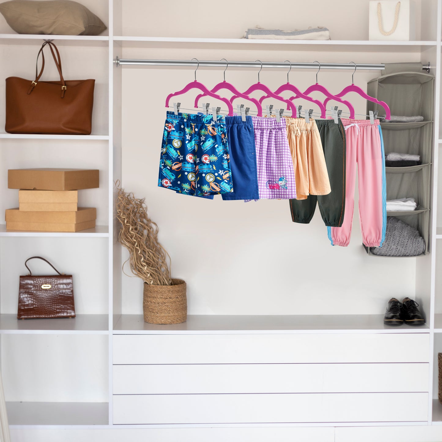 PL065 - 13.5" Kids Plastic Skirt Hangers with Clips - Pink