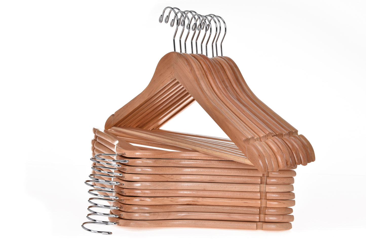 W030-30 - Quality Wooden Hangers - Slightly Curved Hanger - Solid Wood Coat Hangers with Stylish Chrome Hooks - Natural colored 90 Hangers