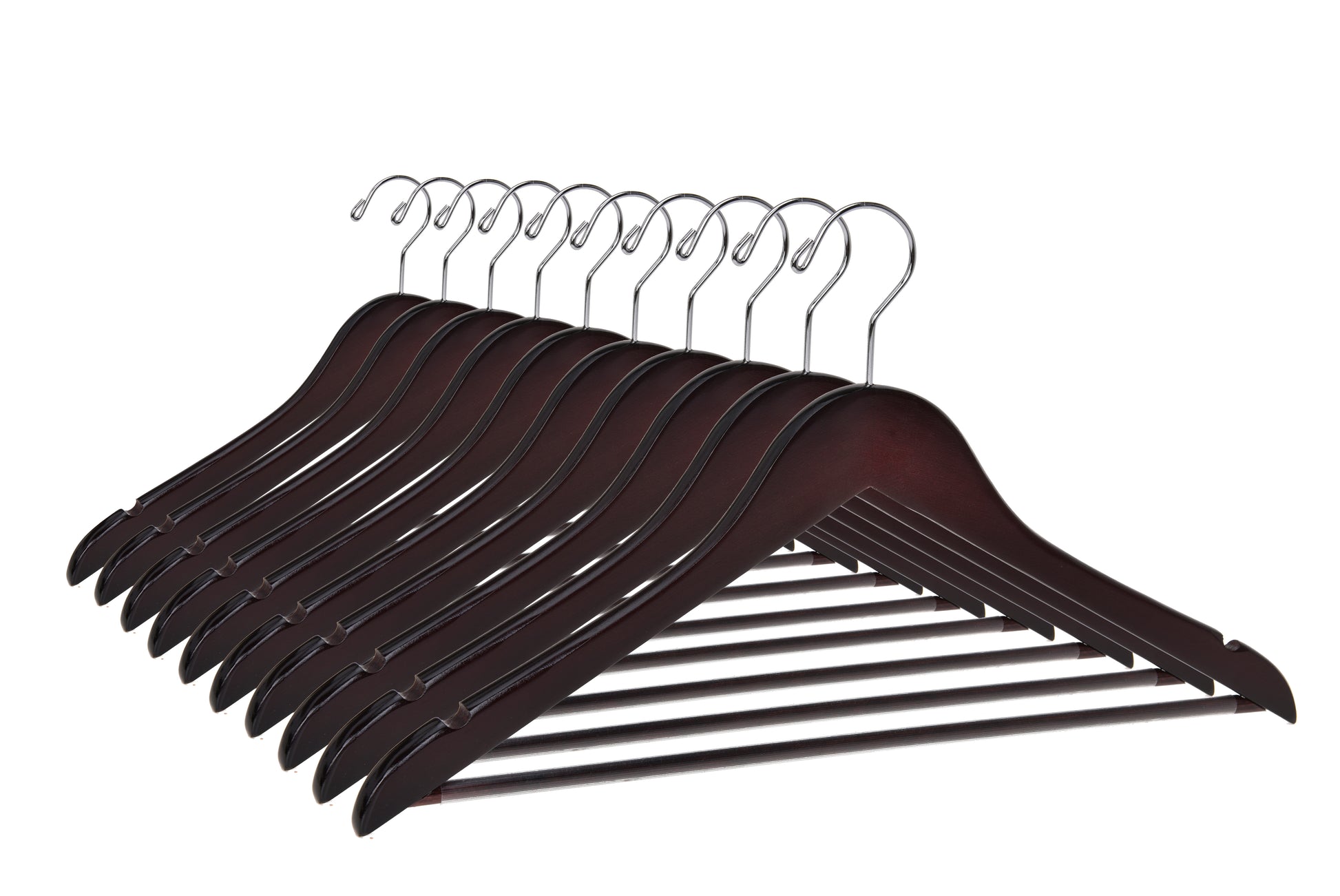 W050-30 - Quality Wooden Hangers - Slightly Curved Hanger Solid Wood Coat Hangers with Stylish Chrome Hooks - Mahogany color 90 Hangers