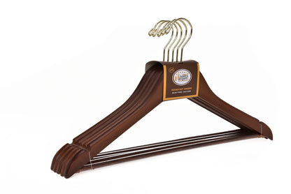 W010 - Semi Curved Wooden Suit Coat Hangers, 17.5" Walnut-Gold - 80 hangers