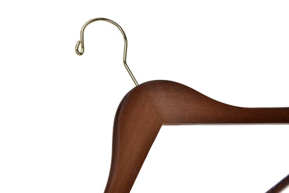W010 - Semi Curved Wooden Suit Coat Hangers, 17.5" Walnut-Gold - 80 hangers