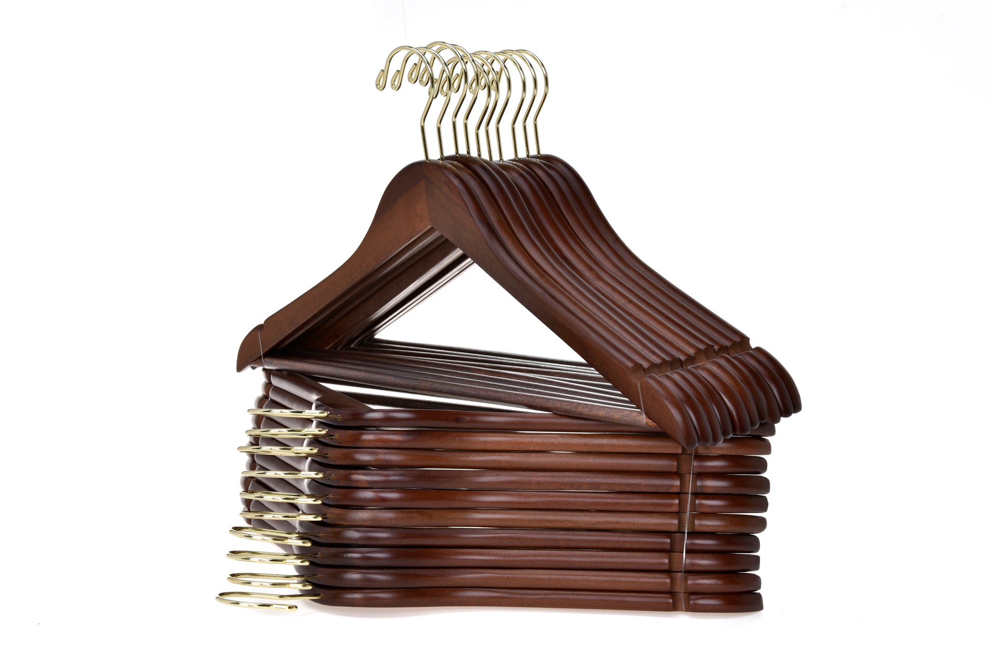 W010 - Semi Curved Wooden Suit Coat Hangers, 17.5" Walnut-Gold - 90