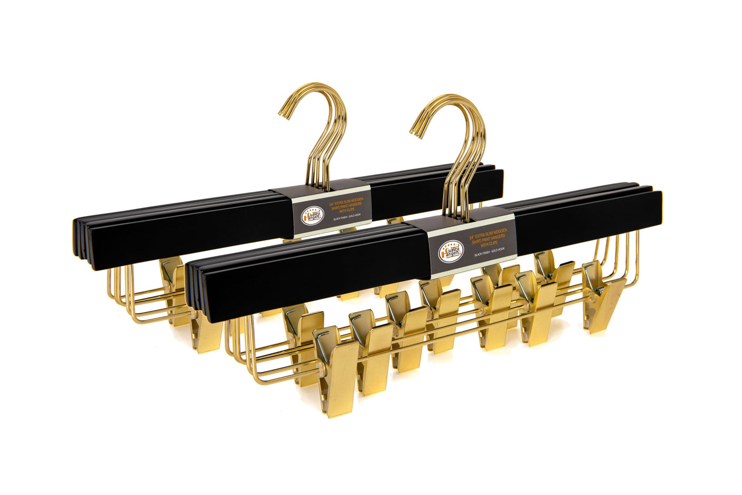 WS72-BK - Ultra Slim Skirt Pant Hangers + Clips, Black with Gold clips - 100 Pcs