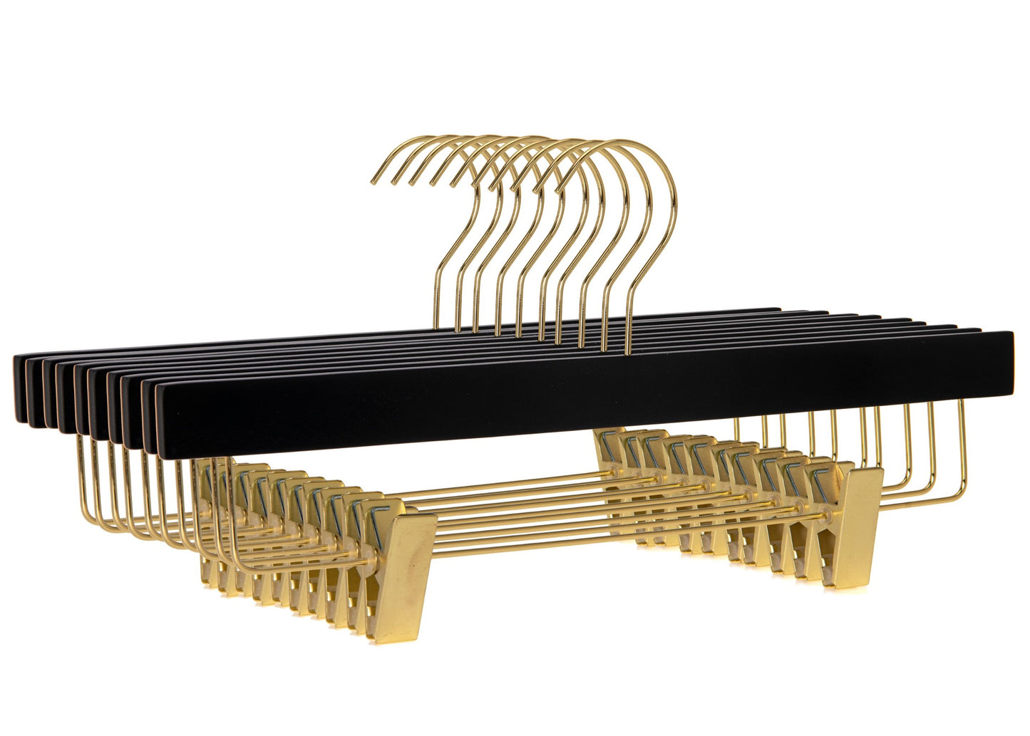 WS72-BK - Ultra Slim Skirt Pant Hangers + Clips, Black with Gold clips - 100 Pcs