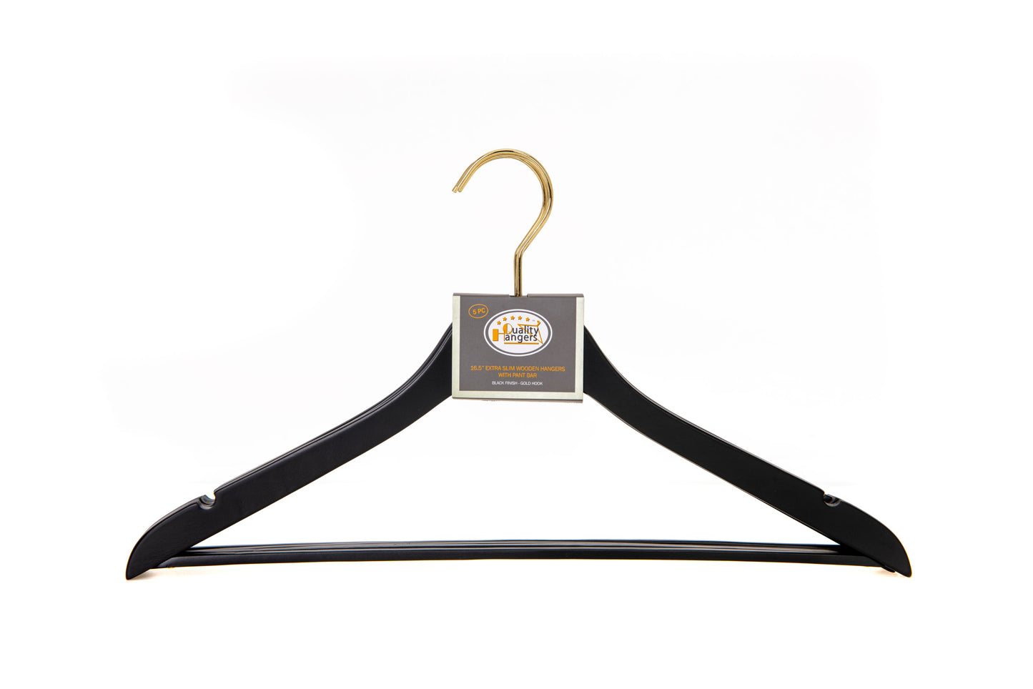 WS70 BK - Ultra Slim Suit Hangers with Pant Bar Black and Gold Hook - 100 Pcs 