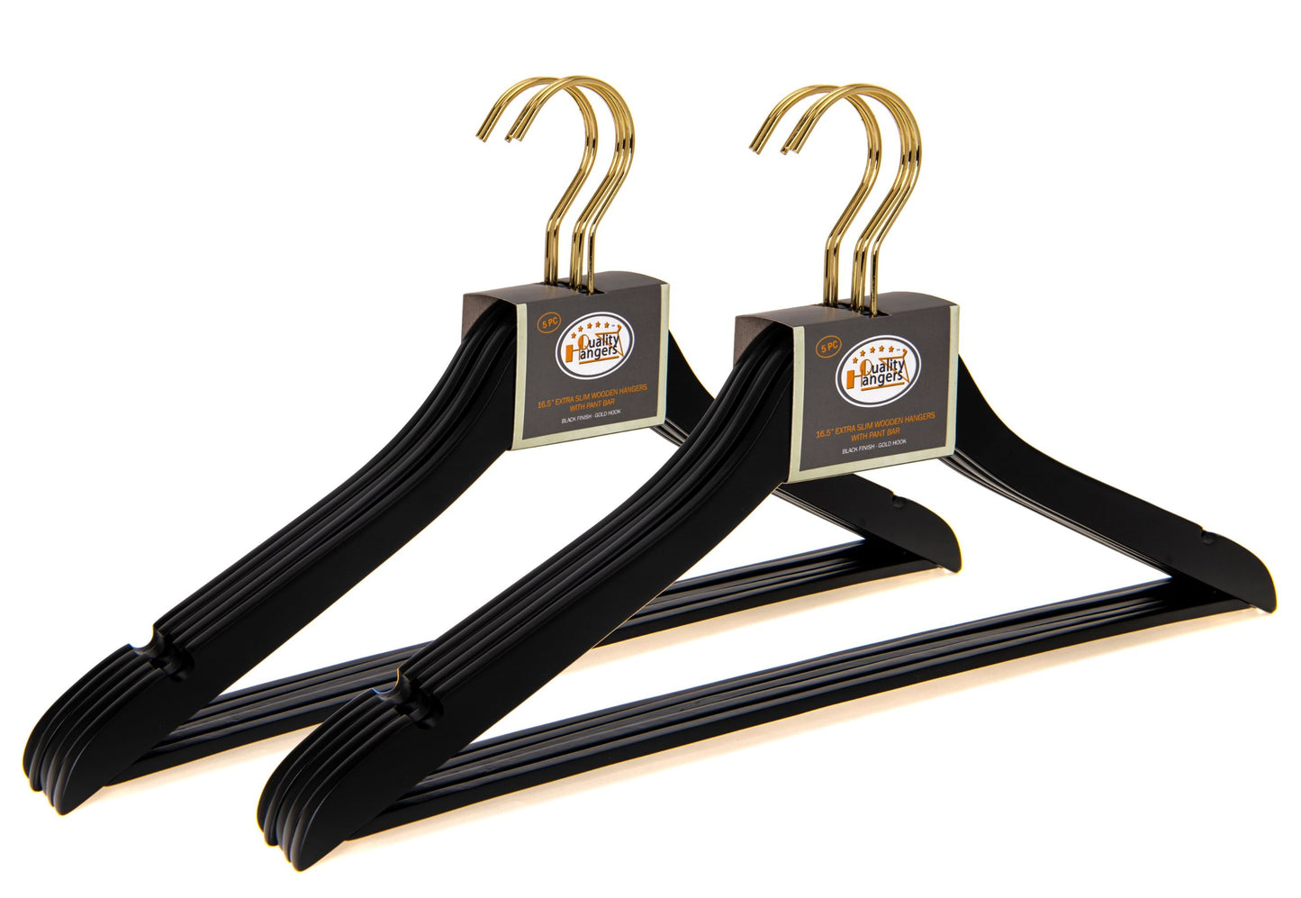 WS70 BK - Ultra Slim Suit Hangers with Pant Bar Black and Gold Hook - 100 Pcs 