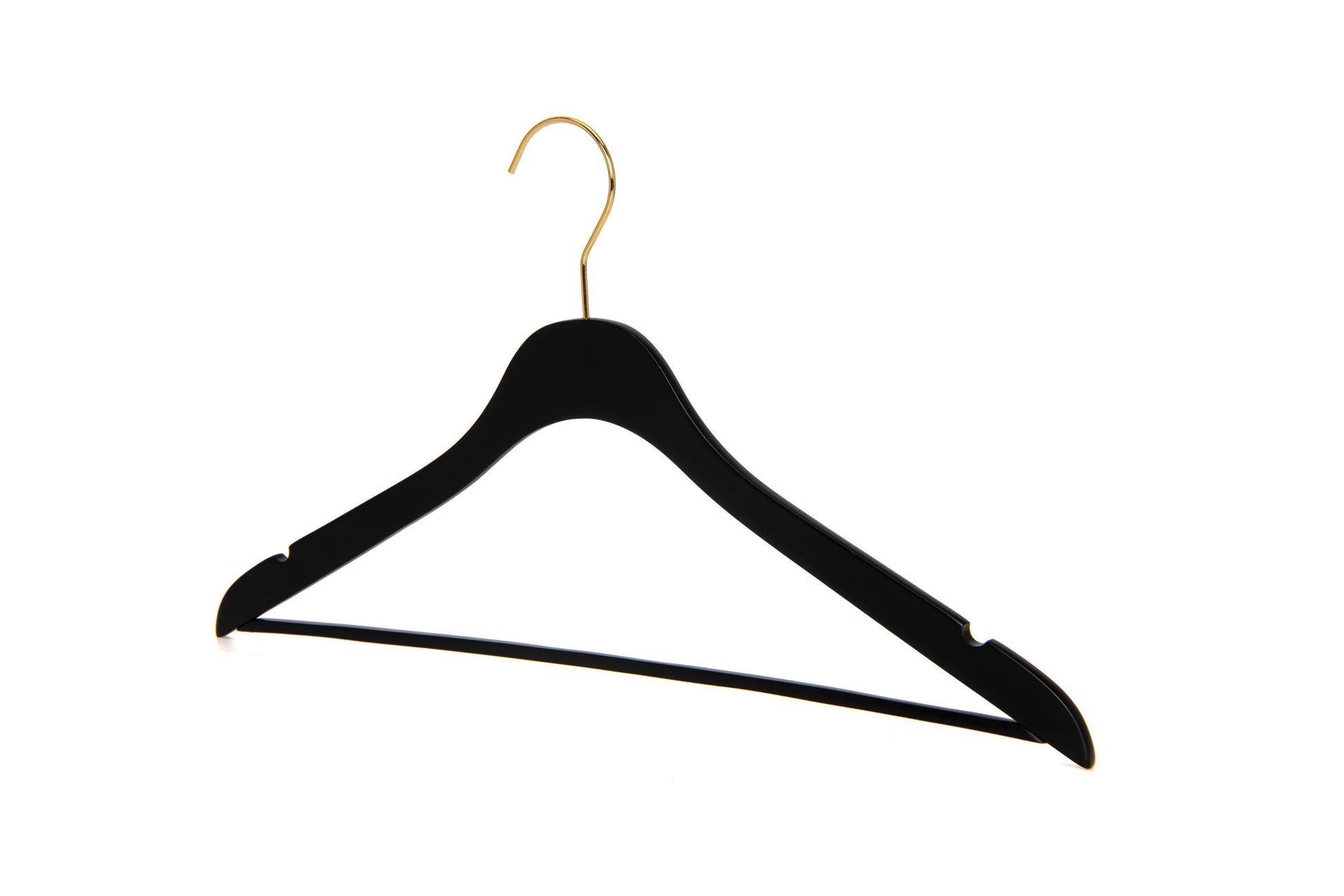 WS70 BK - Ultra Slim Suit Hangers with Pant Bar Black and Gold Hook - 100 Pcs 
