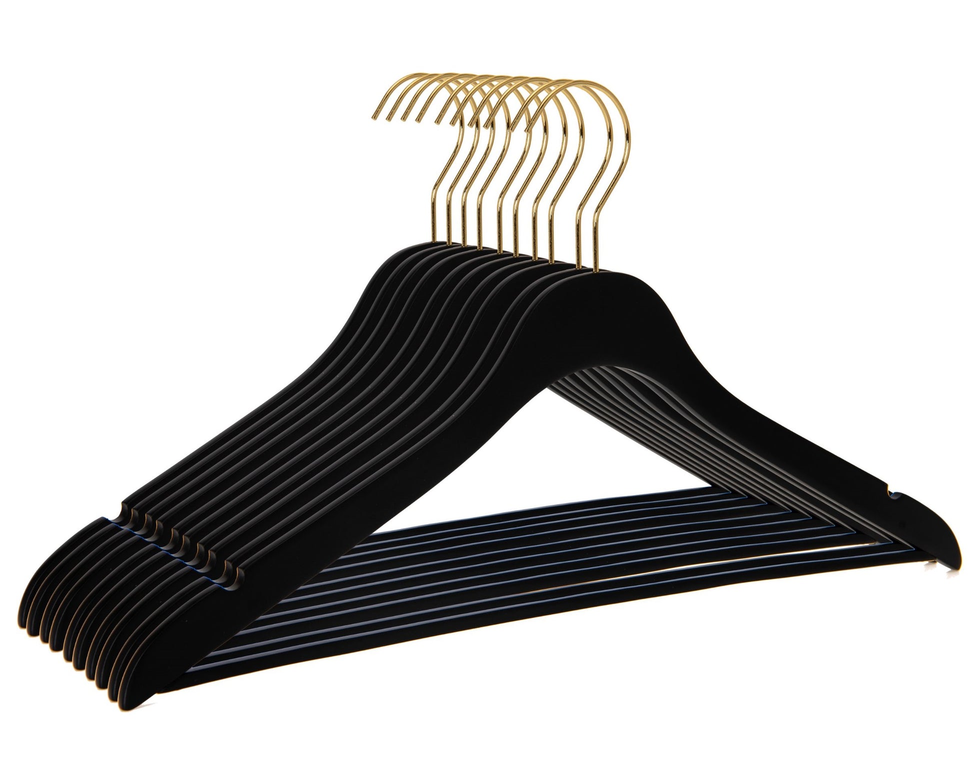 WS70 BK - Ultra Slim Suit Hangers with Pant Bar Black and Gold Hook - 100 Pcs 
