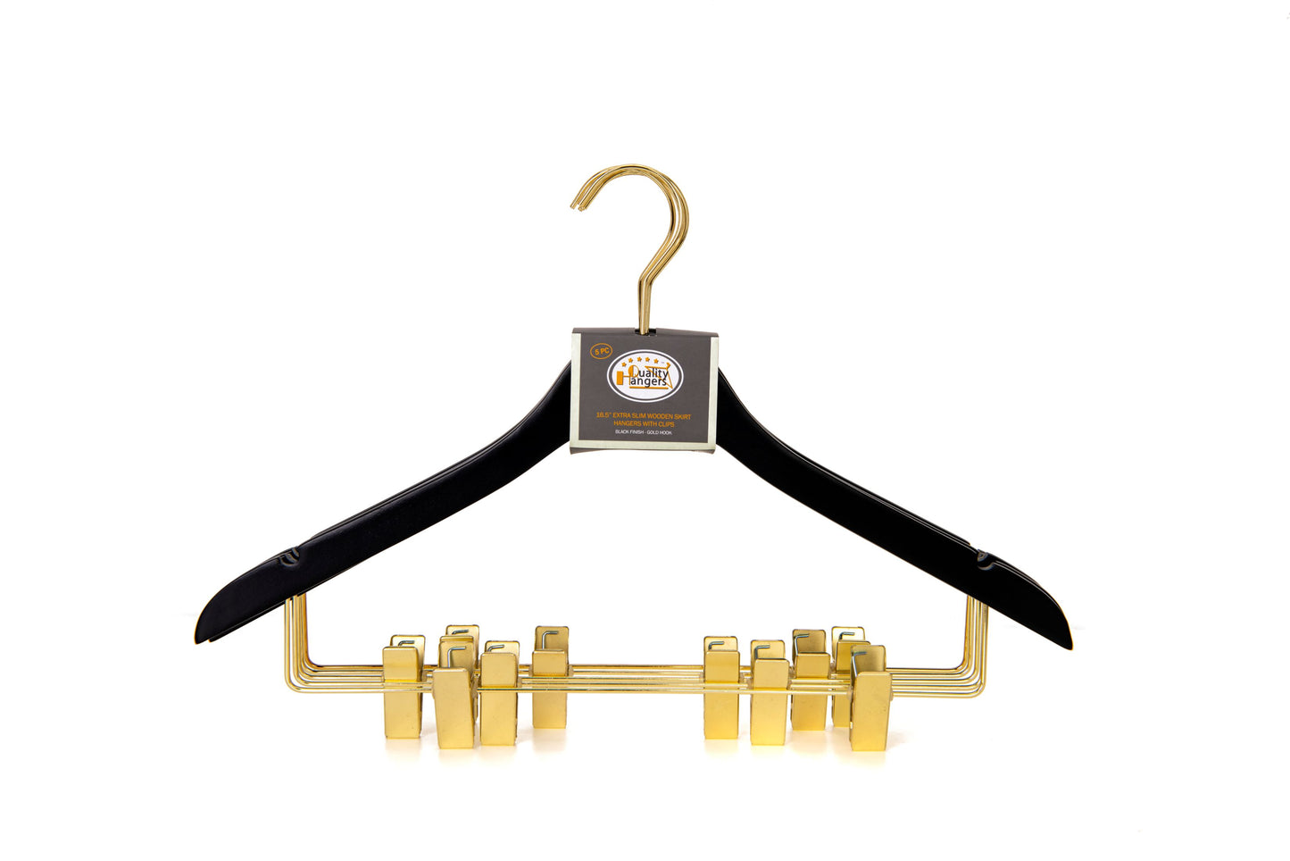 WS73-BK - Ultra Slim Skirt Pant Hangers + Clips Black with Gold clips - 100 Pcs 