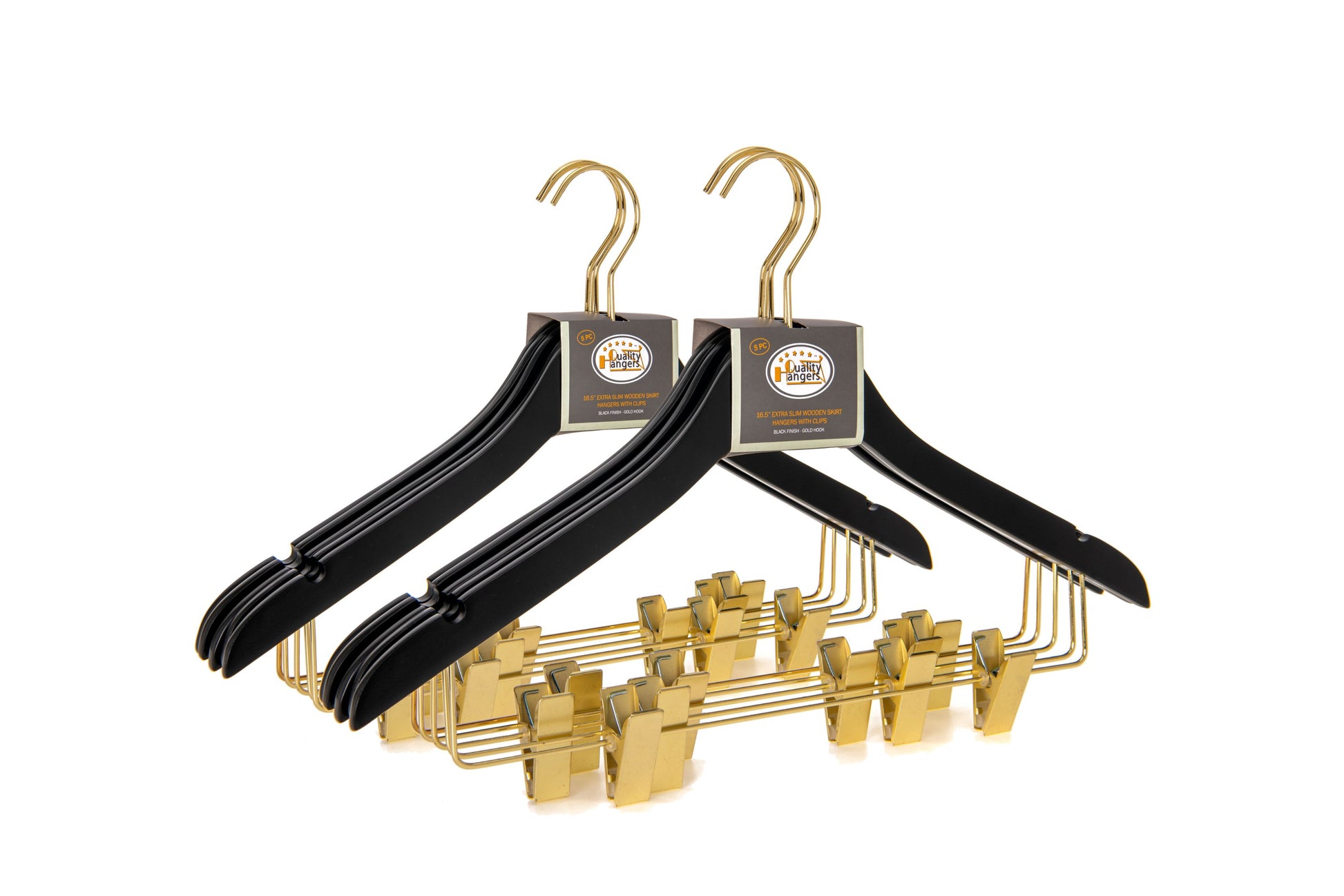 WS73-BK - Ultra Slim Skirt Pant Hangers + Clips Black with Gold clips - 100 Pcs 