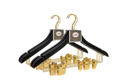 WS73-BK - Ultra Slim Skirt Pant Hangers + Clips Black with Gold clips - 100 Pcs 