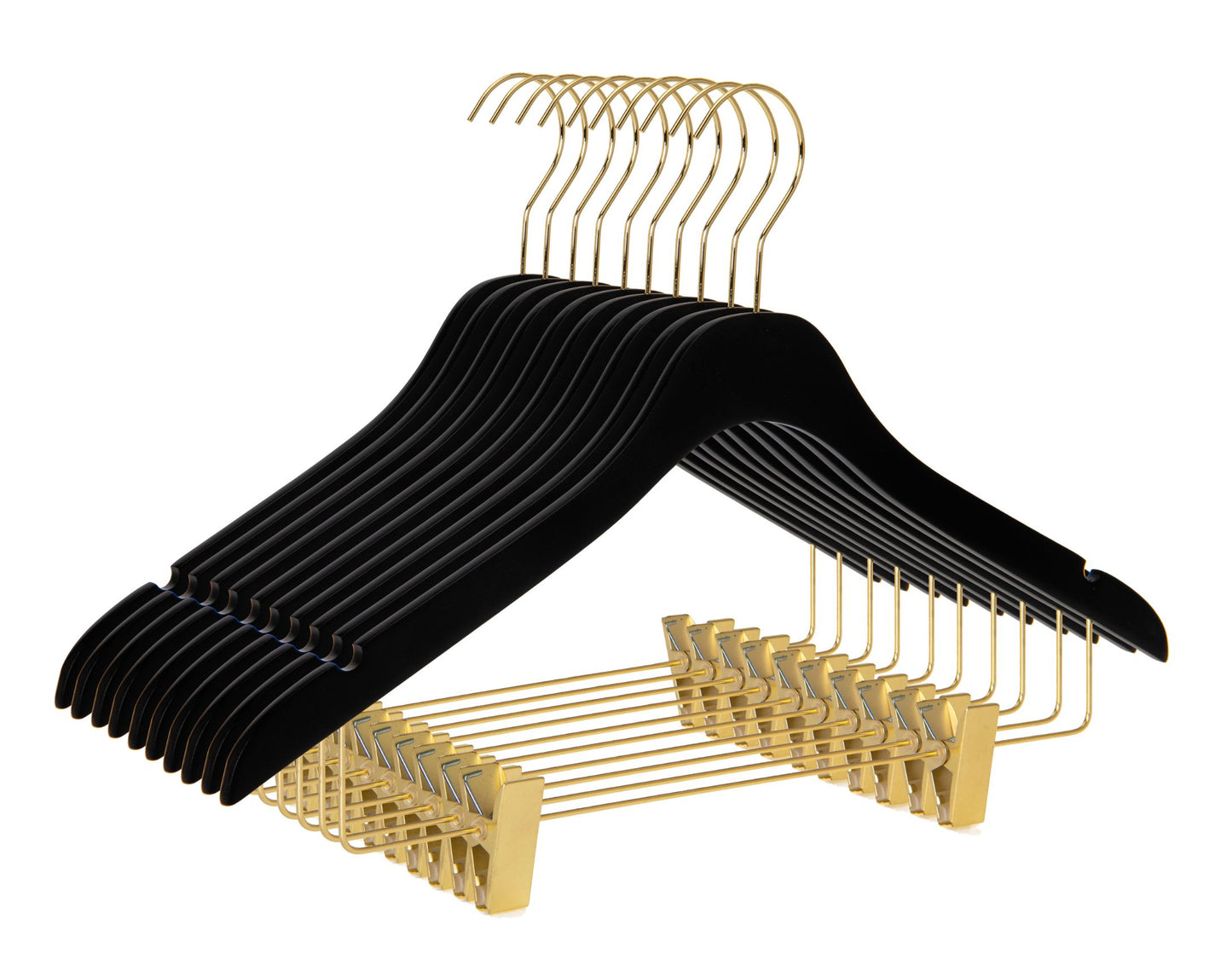 WS73-BK - Ultra Slim Skirt Pant Hangers + Clips Black with Gold clips - 100 Pcs 