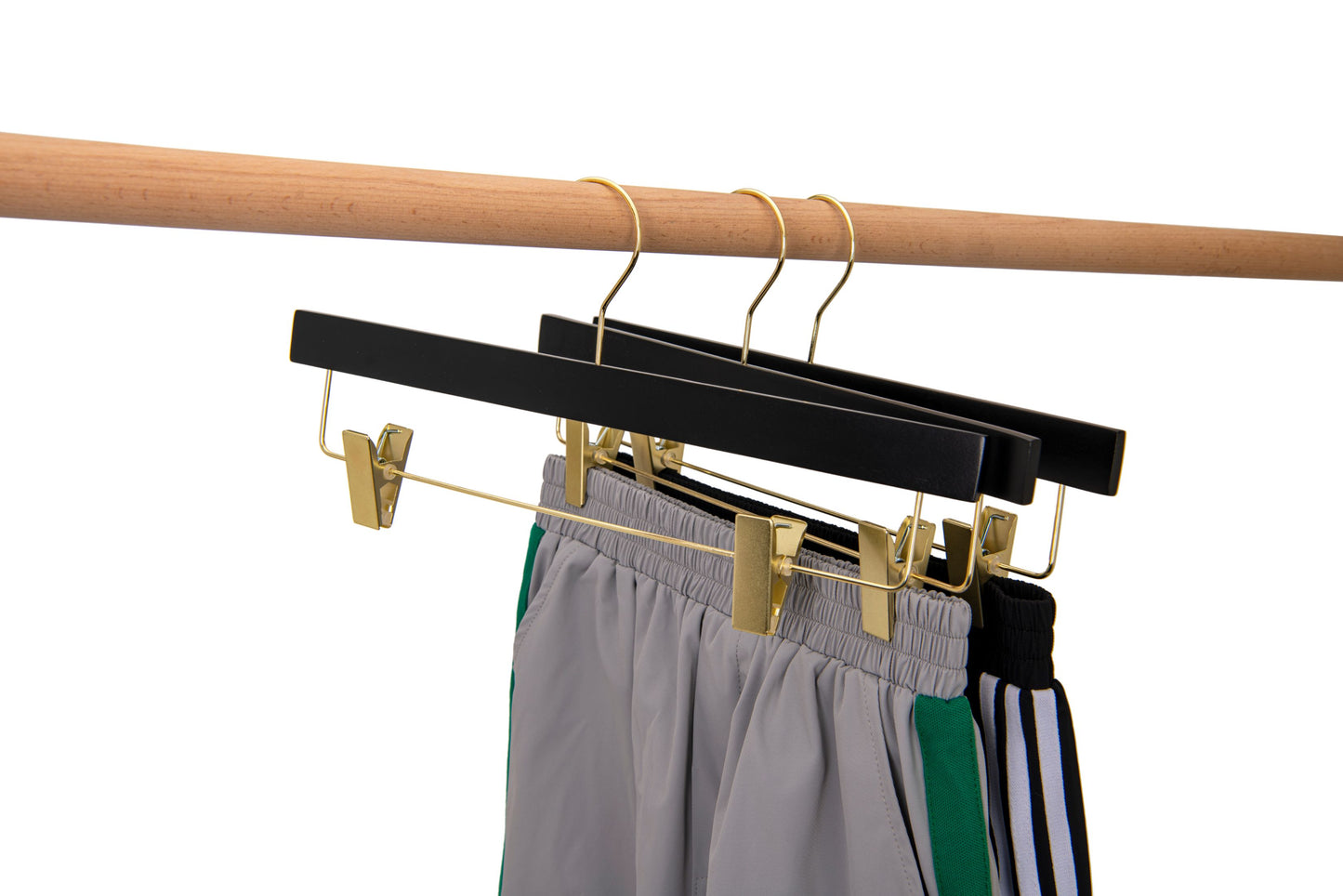 WS72-BK - Ultra Slim Skirt Pant Hangers + Clips, Black with Gold clips - 100 Pcs