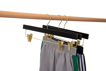 WS72-BK - Ultra Slim Skirt Pant Hangers + Clips, Black with Gold clips - 100 Pcs